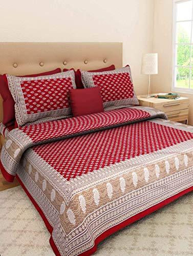RHF Traditional 100% Cotton Double Bed Sheet with 2 Pillow Cover- Multi (RED) - Home Decor Lo
