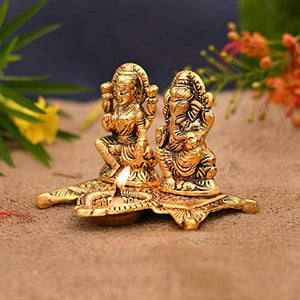 Metal Laxmi Lakshmi Ganesh Ganesha Idol murti with Diya for Diwali puja Pooja Gift Gifting Home Office Decoration,Golden