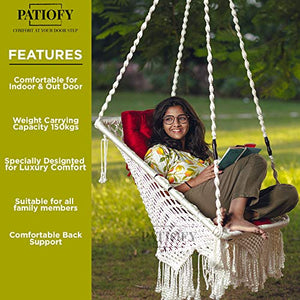 Patiofy Made in India Premium Square Shape Hammock-Hanging Cotton Chair Swing with Cushion and Accessories for Indoor and Outdoor/120 Kg Capacity/Swing Cushion/Chair Cushion for Kids and Adults(White) - Home Decor Lo
