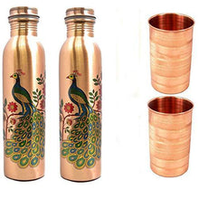Load image into Gallery viewer, COPPERTOWN Leak Proof Copper Bottles for Water 1 Litre/Liter Water Bottle 1000 ML Peacock Print- Set of -2 Copper Glass Free. - Home Decor Lo