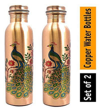 Load image into Gallery viewer, COPPERTOWN Leak Proof Copper Bottles for Water 1 Litre/Liter Water Bottle 1000 ML Peacock Print- Set of -2 Copper Glass Free. - Home Decor Lo