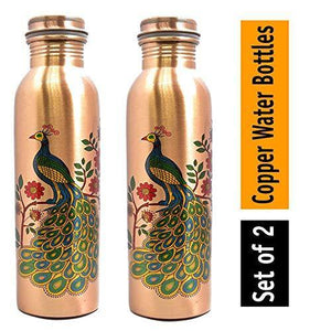 COPPERTOWN Leak Proof Copper Bottles for Water 1 Litre/Liter Water Bottle 1000 ML Peacock Print- Set of -2 Copper Glass Free. - Home Decor Lo