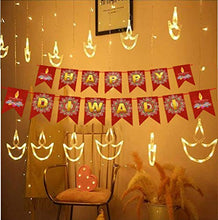 Load image into Gallery viewer, HK Balloons Pack of 2 12 Diya Shape LED Curtain String diwali Lights with Diwali Banner for Home Decoration Window Hanging Lighting with 8 Flashing Mode for Navratri, Christmas, Wedding, Festivals, Balcony, Bedroom Decorations - Warm White