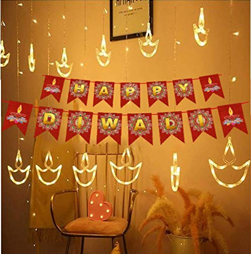 HK Balloons Pack of 2 12 Diya Shape LED Curtain String diwali Lights with Diwali Banner for Home Decoration Window Hanging Lighting with 8 Flashing Mode for Navratri, Christmas, Wedding, Festivals, Balcony, Bedroom Decorations - Warm White