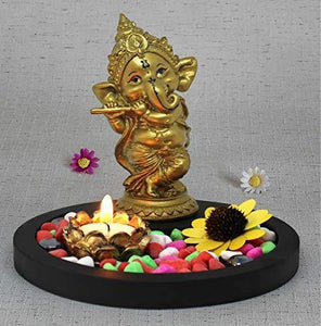 Ganesha Statue Playing Bansuri with Wooden Flower Tealight Candle - Home Decor Lo