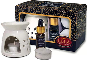LIELA - Vaporizer Oil Burner and Aroma Diffuser set, with 3 T-Light and Pure Lavender 15 ml Fragrance Oil in Premium Brown Glass Bottle with Glass Dropper ( burner color can be red, white or green) - Home Decor Lo