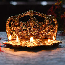 Load image into Gallery viewer, Collectible India Metal Laxmi Ganesh Saraswati Idol with Diya (Golden, 9 X 6 X 5 Inch) - Home Decor Lo