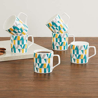 Home Centre Mandarin Printed Bone China Coffee Mugs - Set of 6 Pcs - Blue - Home Decor Lo