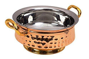 Indian Art Villa Hammered Steel Copper Mughlai Handi with Brass Handle & Bottom , Serveware/Tableware, 700 ML - Home Decor Lo