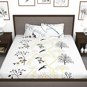 Story@Home Floral Leaf Print Combed Cotton Elegant Luxury Designer 1 PC King Size Bed Graceful bedsheet with 2 Pillow Covers - White and Blue - Home Decor Lo