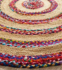 The Home Talk Cotton and Jute Braided Floor Rug, Boho Multicolor Bedside Runner Carpet for Bedroom Living Room, 95 cm Round - Multicolor - Home Decor Lo