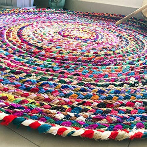 FLOTTCOW Hand Made Round and Reversible Multicolour Cotton chindi Braided 1 Piece Rug, Carpet for Living Area, Size 90 cm Round - Home Decor Lo