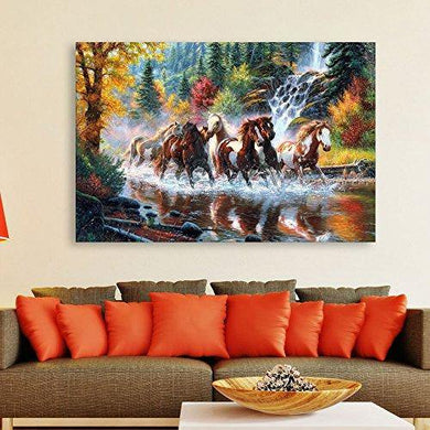 Inephos Unframed Canvas 7 Horses Running Vastu Wall Painting (91 cm x 61 cm, Multicolour) - Home Decor Lo