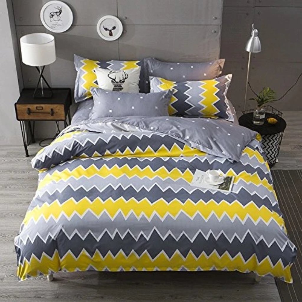 Cotton King Bedsheet with 2 Pillow Covers: Yellow and Grey - Home Decor Lo