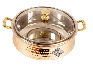 Indian Art Villa Hammered Steel Copper Casserole Donga With Glass Lid, Tableware & Serveware, 1250 Ml - Home Decor Lo