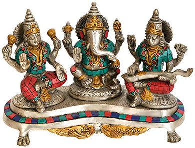 Aone India Brass Auspocious Deities Saraswati Lakshmi and Ganesha Height 6.2 Inch