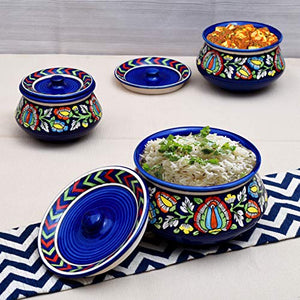Tashveen Articles Stoneware Mughal Handies Set of 3, 1200, 800, 500 ml, 3 Piece (Blue Multicolour) Serving Set Bowl Set Dining Tableware - Home Decor Lo