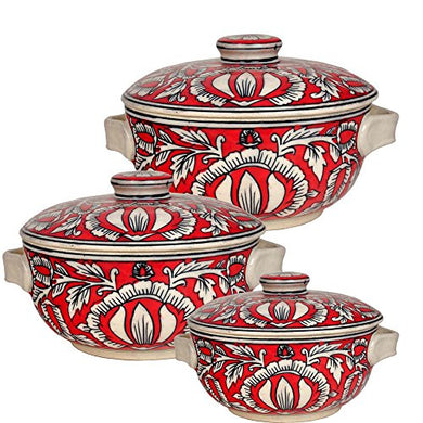 Craftghar Ceramic Serving Casserole Set of 3 | Serving Bowls with Lids (Set of 3)| 100% Microwave Safe | Red 3 Serve Casserole Set  (1250 ml, 900 ml, 600 ml) - Home Decor Lo