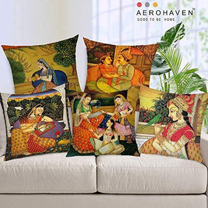 AEROHAVEN™ Set of 5 Jute Traditional Throw/Pillow Cushion Covers - CC-113 (16 x 16 Inches) - Home Decor Lo