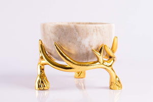 NikkisPride Marble DryFruit Bowl with Brass Stand Cocktails Party Decor Beige and Golden Diwali Gift - Home Decor Lo