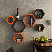 Load image into Gallery viewer, Home Design Mart Hexagon Shape Wall Mounted Shelf Rack Designer for Living Room Set of 6 (Orange &amp; Brown) - Home Decor Lo