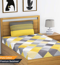 Load image into Gallery viewer, Ahmedabad Cotton 144 TC Cotton Single Bedsheet with 1 Pillow Cover - Yellow and Grey - Home Decor Lo