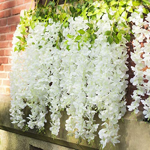 SHIMMER Pack 3.6 Feet Artificial Wisteria Vine Ratta Hanging Garland Silk Flowers String Home Party Wedding Decor ( White, Set of 8) - Home Decor Lo