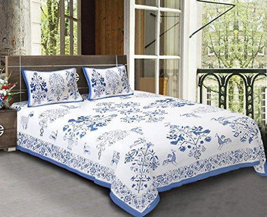 Bhagwatiudyog King Size Block Print Cotton Double Bedsheet with Pillow Cover (Blue) - Home Decor Lo