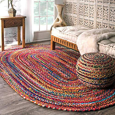 Fernish Decor Braided Cotton Carpet Rug Multicolor for Bedroom 3x5 Feet Oval - Home Decor Lo