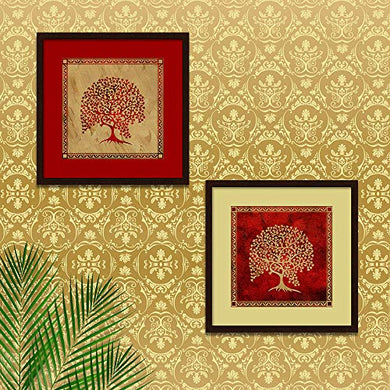 WallMantra Madhubani Painting with Frame - Set of 2 - Trees Art/Synthetic Wood Wall Hanging/Break Resistant Clear Acrylic Glass/Gloss High Definition Print/Dark Brown Color /38cm x 38cm Each - Home Decor Lo