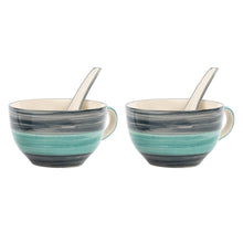 Load image into Gallery viewer, KITTENS Ceramic Handpainted Seagreen Soup Bowl with Spoon, Set of 2, Blue - Home Decor Lo