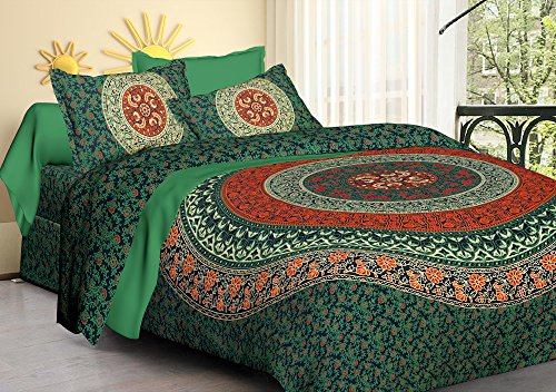 Tiger Exports Cotton Rajasthani Print Double Bedsheet with 2 Pillow Covers- King Size, Olive Green - Home Decor Lo