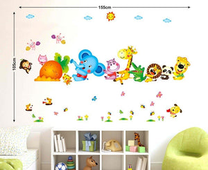 Decals Design 'Happy Cute Elephant Monkey Cartoon Animals' Wall Sticker (PVC Vinyl, 60 cm x 90 cm, Multicolour) - Home Decor Lo