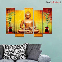 Load image into Gallery viewer, WallMantra Golden Buddha Wall Painting / 5 Pieces Canvas Print Wall Hanging/Stretched and Framed on Wood / 44&quot; W x 24&quot; H/Home Decor for Living Room, Bedroom, Office Decoration - Home Decor Lo