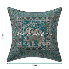 Load image into Gallery viewer, Stylo Culture Banarasi Silk Brocade Jacquard Decorative Sofa Cushion Covers 16 by 16 Set of 2 Living Room Sea Green Square Elephant Ethnic Home Decor Cushions Pillows 16x16 - Home Decor Lo