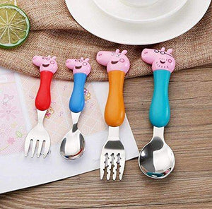 Sillyme Pig Cartoon Theme Stainless Steel Spoon & Fork Set for Kids - Baby Feed Spoon and Fork Set - Home Decor Lo