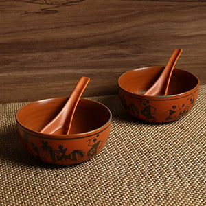 ExclusiveLane Warli Hand-Painted Kitchen Ceramic Soup Bowls with Spoons (Set of 2, 380 ML, Dishwasher & Microwave Safe) - Home Decor Lo