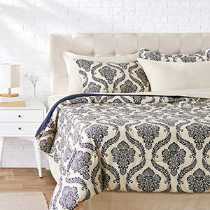 AmazonBasics 8-Piece Comforter Bedding Set, King, Blue and Tan Damask, Microfiber, Ultra-Soft - Home Decor Lo