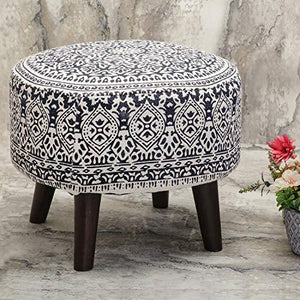 Nestroots Stool for Living Room Sitting Printed Ottoman upholstered Foam Cushioned pouffe Puffy for Foot Rest Home Furniture with 4 Wooden Legs Cotton Canvas (14" Height Navy Blue) - Home Decor Lo