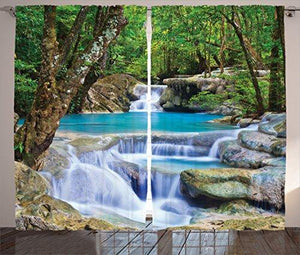 Waterfall Decor Curtains by Ambesonne, Fairy Image of Asian Waterfall by the Rocks in Forest Secret Paradise, Window Drapes 2 Panel Set for Living Room Bedroom, 108 W X 84 L Inches, Green Blue Borwn - Home Decor Lo