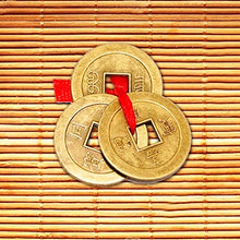 Load image into Gallery viewer, Divya Mantra Feng Shui Chinese Lucky Fortune I-Ching Coin Ornaments Wealth Charm Amulet Three Bronze Metal Coins with Hole and Red Ribbon Knot for Good Money Luck, Decoration Charms Set of 5 – Golden - Home Decor Lo