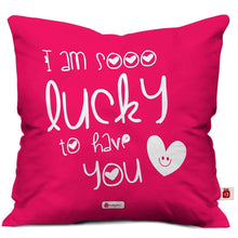 Load image into Gallery viewer, Indigifts Brother Sister Red Lucky to Have You Printed Poly Satin Cushion, 12x12-inches, Pink - Home Decor Lo