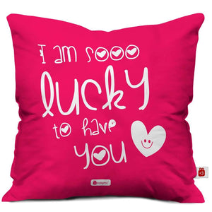 Indigifts Brother Sister Red Lucky to Have You Printed Poly Satin Cushion, 12x12-inches, Pink - Home Decor Lo