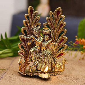 Collectible India Peacock Design Radha Krishna Idol Showpiece with Diya for Puja and Home Decor (8 x 6 Inches) - Home Decor Lo
