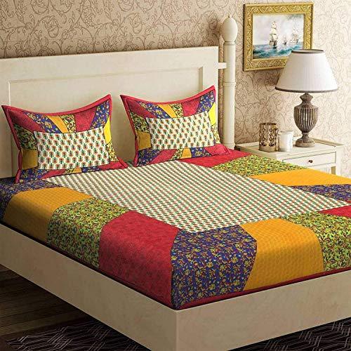 Ealth Kart 100% Cotton Comfort 180 TC Rajasthani Jaipuri Traditional King Size 1 Double Bedsheet with 2 Pillow Covers - Red - Home Decor Lo