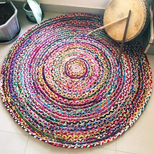 FLOTTCOW Hand Made Round and Reversible Multicolour Cotton chindi Braided 1 Piece Rug, Carpet for Living Area, Size 90 cm Round - Home Decor Lo