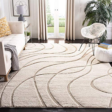 Rufruf Geometric Wave Shaggy Carpet for Living Room, Bedroom, High Low Design Finish Microfiber 1.5 Inch Pile High, 8x10 Feet Ivory|Beige Color - Home Decor Lo