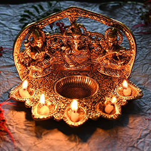 Collectible India Metal Laxmi Ganesh Saraswati Idol with Diya (Golden, 9 X 6 X 5 Inch) - Home Decor Lo