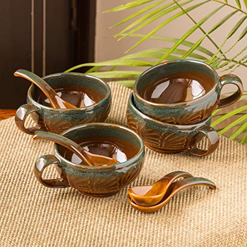ExclusiveLane Amber & Teal Studio Pottery Handled Ceramic Soup Bowls with Spoons & with Handle, Dishwasher & Microwave Safe, 300 ML, Set of 4, Amber with Teal tints, Standard (EL-005-699) - Home Decor Lo