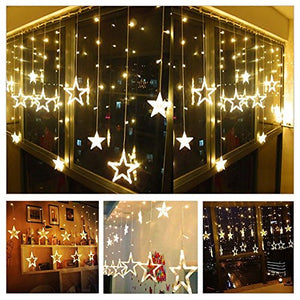 Quace 12 Stars 138 LED Curtain String Lights, Window Curtain Lights with 8 Flashing Modes Decoration for Christmas, Wedding, Party, Home, Patio Lawn, Warm White (138 LED - Star) - Warm White - Home Decor Lo
